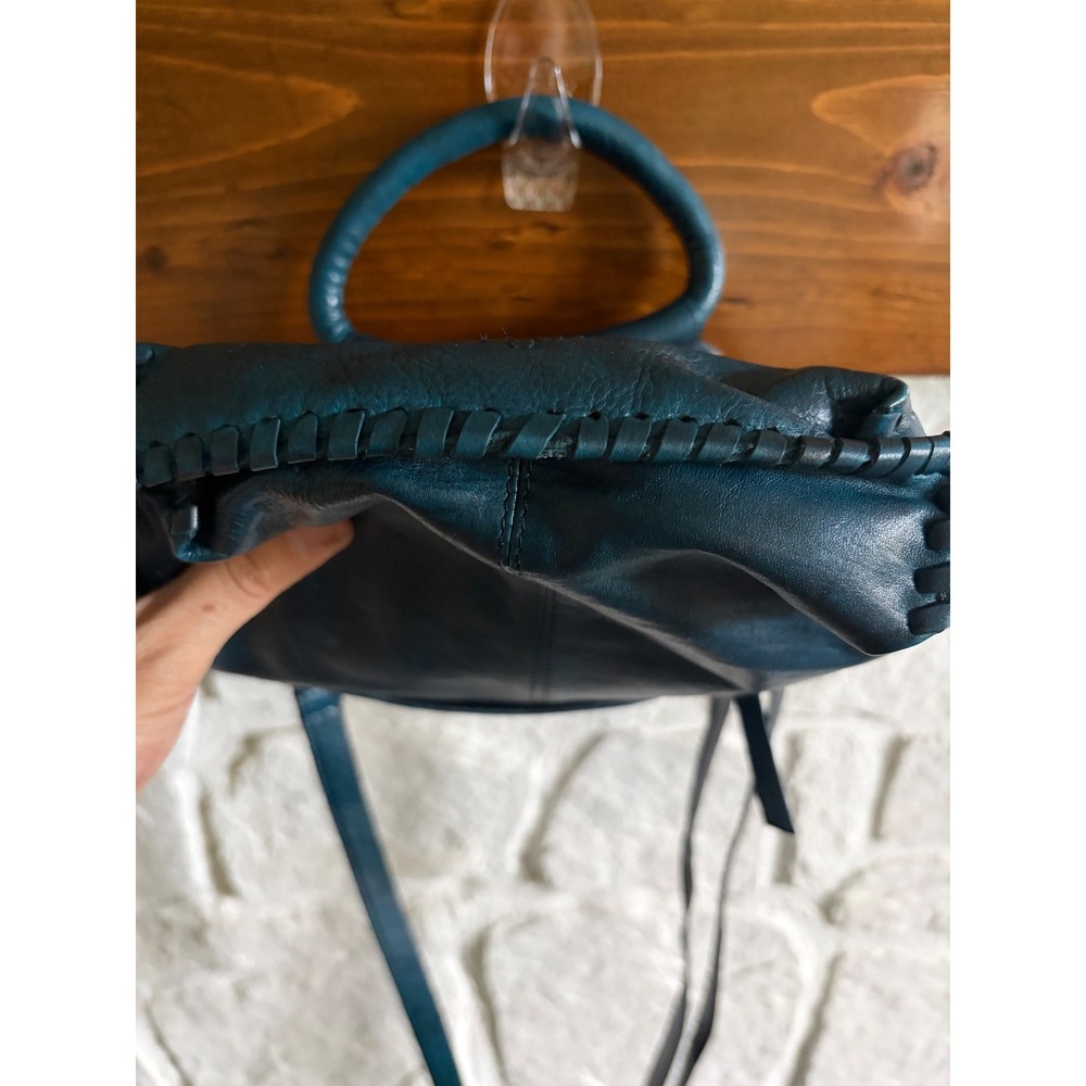 Vintage Latico Teal Leather Handbag Whipstitch Crossbody Tote Geometric Detail - Picture 13 of 17